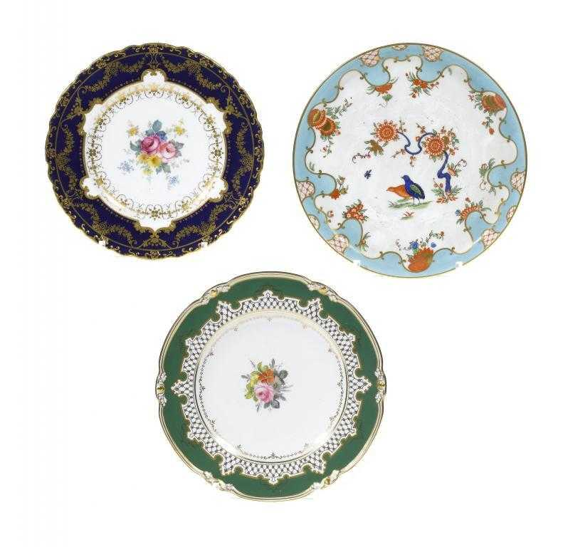 TWO ROYAL CROWN DERBY PLATES painted with a central group