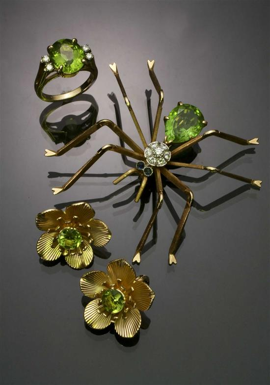 Yellow Gold and Peridot Assembled Four Piece Ensemble Consisting of