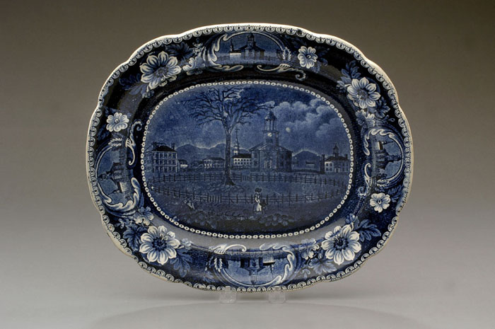 WINTER VIEW OF PITTSFIELD MASSACHUSETTS DARK BLUE STAFFORDSHIRE PLATTER JAMES