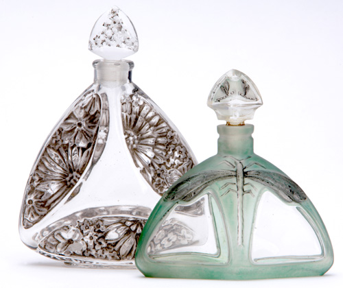 FRENCH Two Art Nouveau perfume bottles in clear and frosted