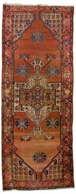 Hamadan runner elaborate central medallion on faded brick red field