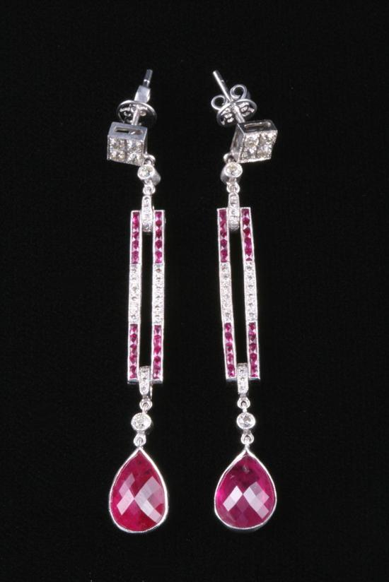 PAIR 18K WHITE GOLD RUBY AND DIAMOND DROP EARRINGS Art