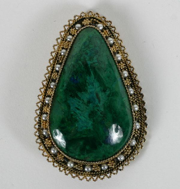 Azure malachite and cultured pearl pin brooch in sterling vermeil