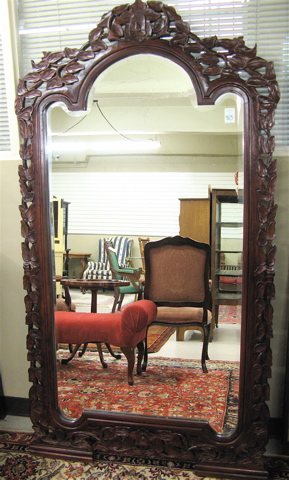LARGE MAHOGANY FRAMED FLOOR MIRROR with wide frame hand carved