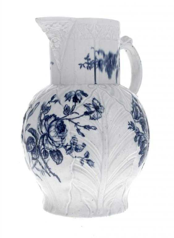 A WORCESTER CABBAGE LEAF MOULDED MASK JUG transfer printed in