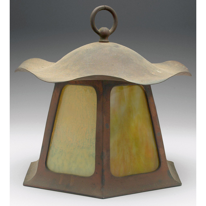 Arts and Crafts lantern bronzed metal with green and blue