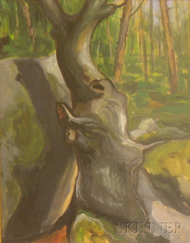 Framed Gouache on Paper Board View with Tree Trunk by