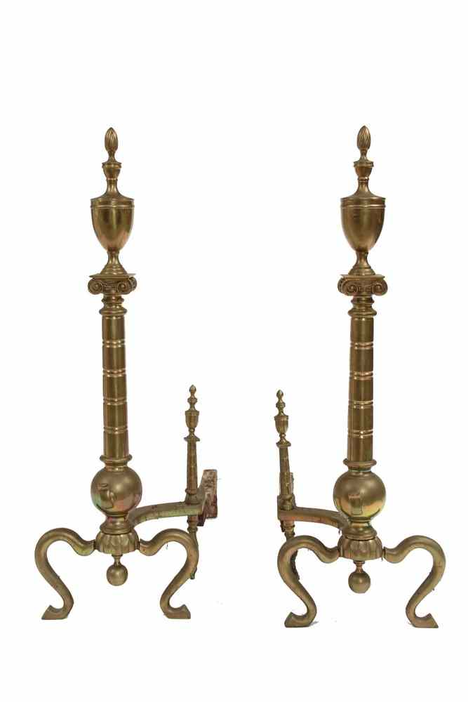 BRASS ANDIRONS Large 20th c Urn Top Brass Andirons in