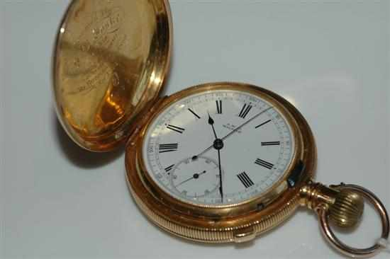 A WALTHAM FULL HUNTER CHRONOGRAPH POCKET WATCH MOVEMENT CROWN WOUND