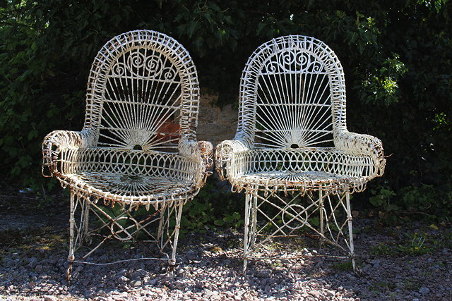 A PAIR OF VICTORIAN WHITE PAINTED WIREWORK CONSERVATORY OR GARDEN