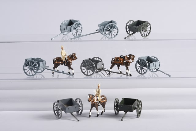 Lot of 8 metal carts and 3 horses carts include