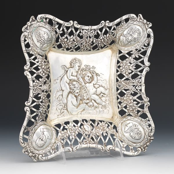 GERMAN 900 SILVER BAROQUE STYLE RETICULATED MEDALLION BASKET BY GEBRUDER