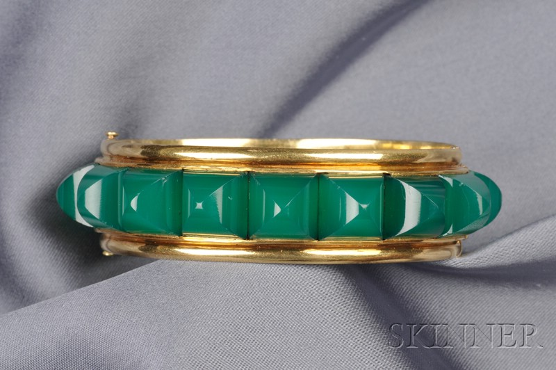 18kt Gold and Green Onyx Bangle Bracelet France fully set