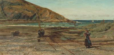 JOHN WILLIAM BUXTON KNIGHT Coastal Scene with Beached Fishing Boats