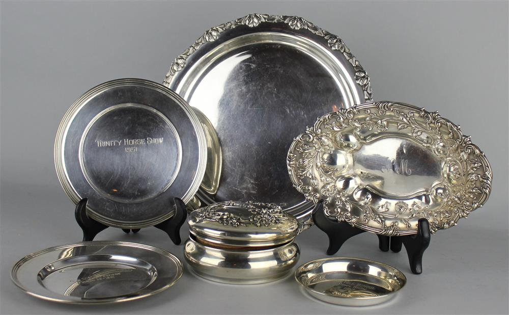 SIX SILVER PIECES to include 2 inscribed plates 1 inscribed