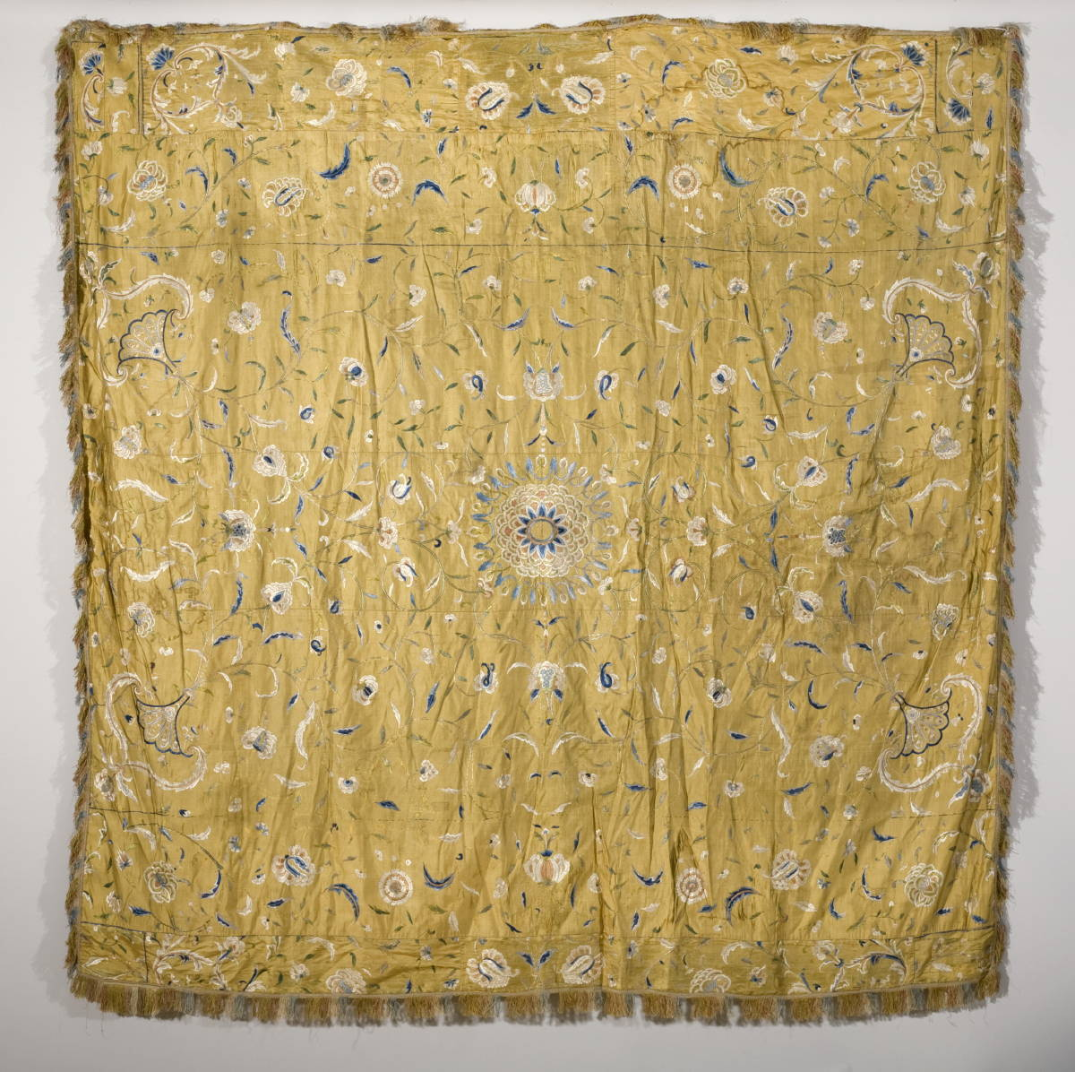 CHINESE FLORAL EMBROIDERED GOLD SILK BED COVER CIRCA 1830 Because