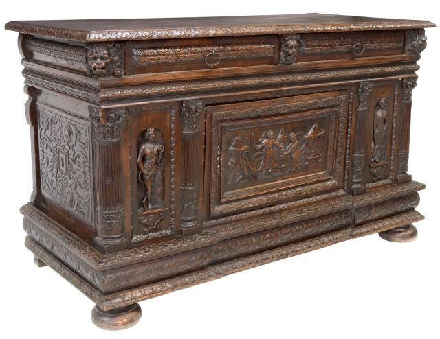 French Renaissance Revival oak chest early 19th c lunette molded