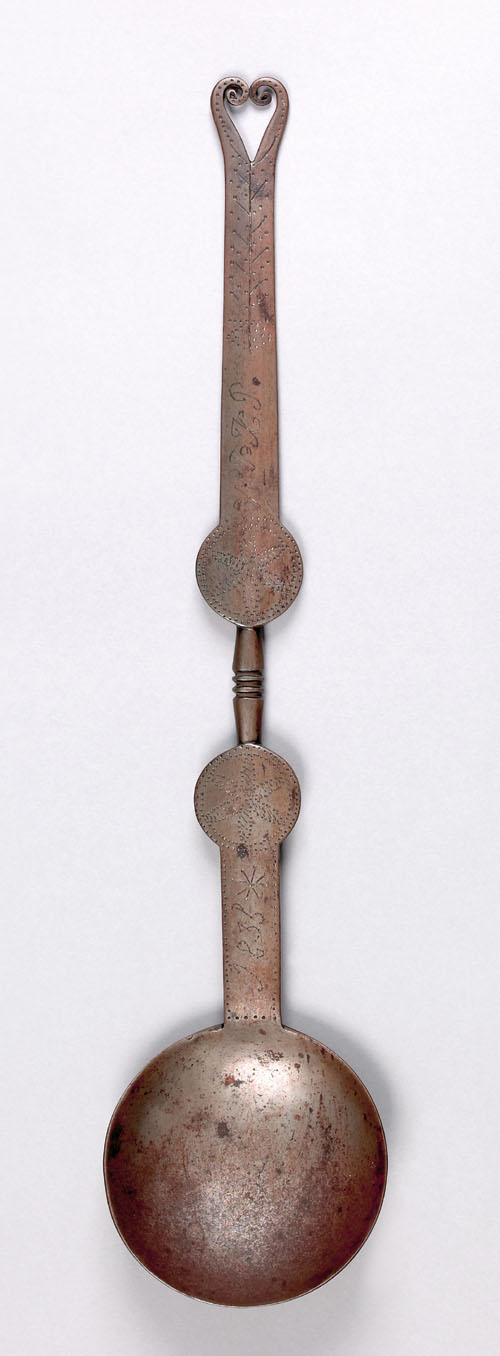 Pennsylvania wrought iron ladle dated 1835 initialed WBKP with punched