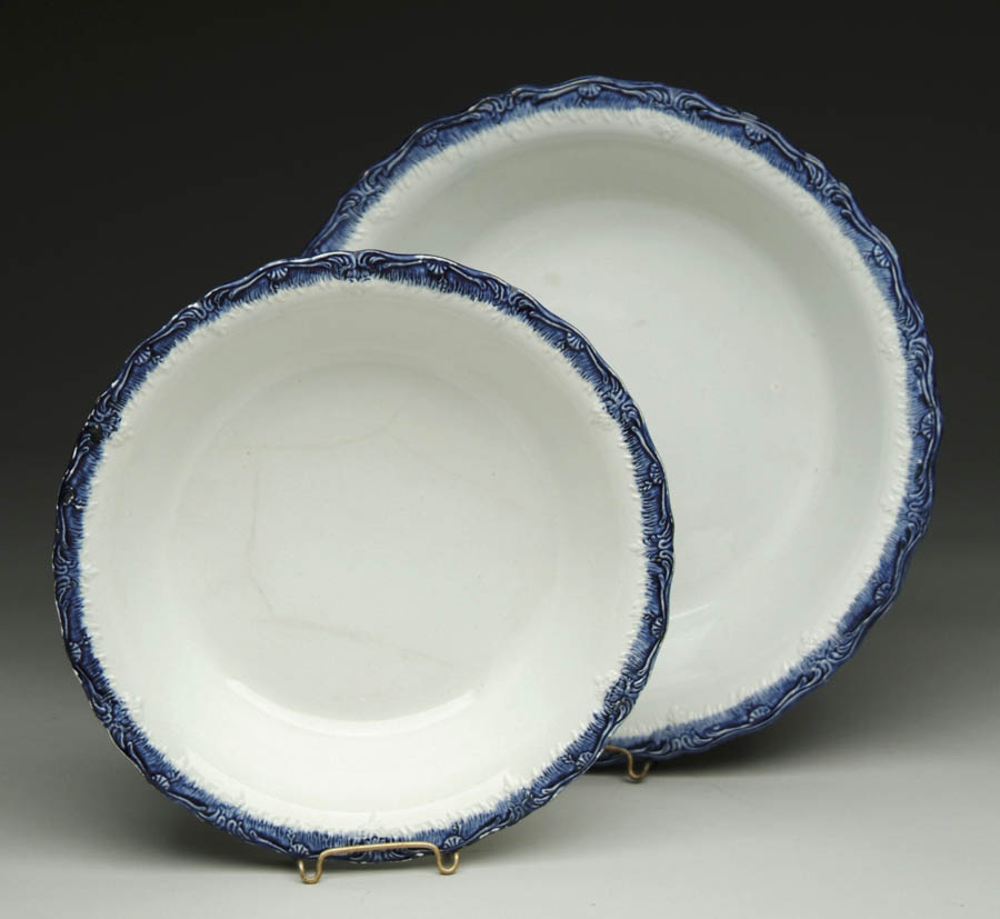 TWO LEEDS BLUE FEATHER EDGED BOWLS Impressed mark on bottom
