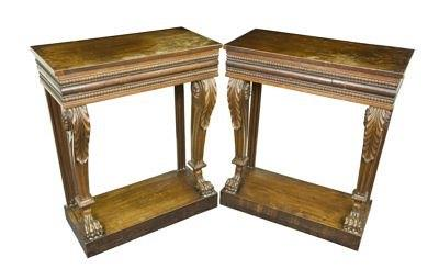 A pair of Regency mahogany console tables the rectangular tops