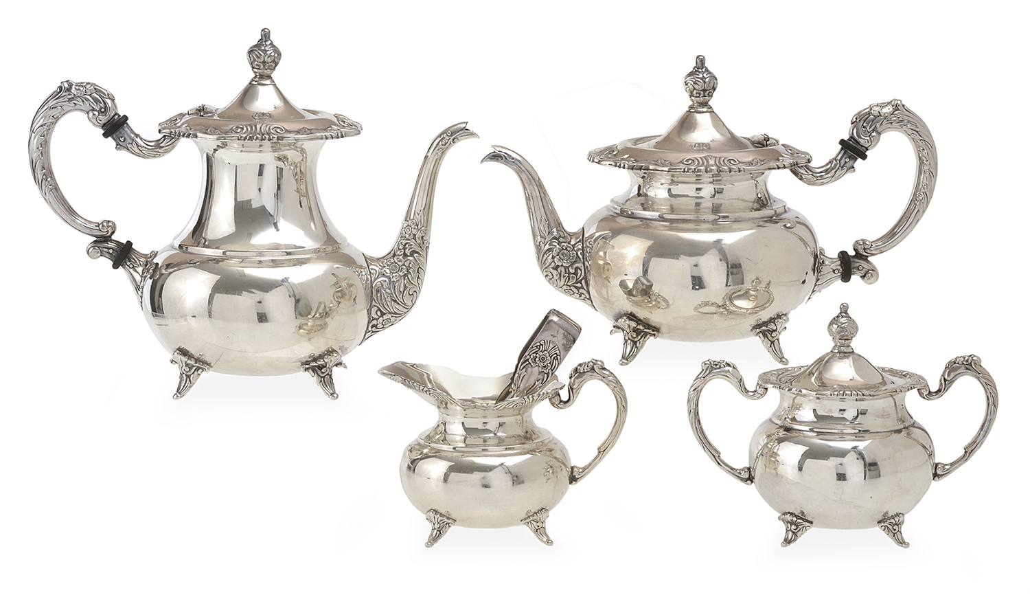 A CASED FOUR PIECE 950 STERLING SILVER TEA AND COFFEE