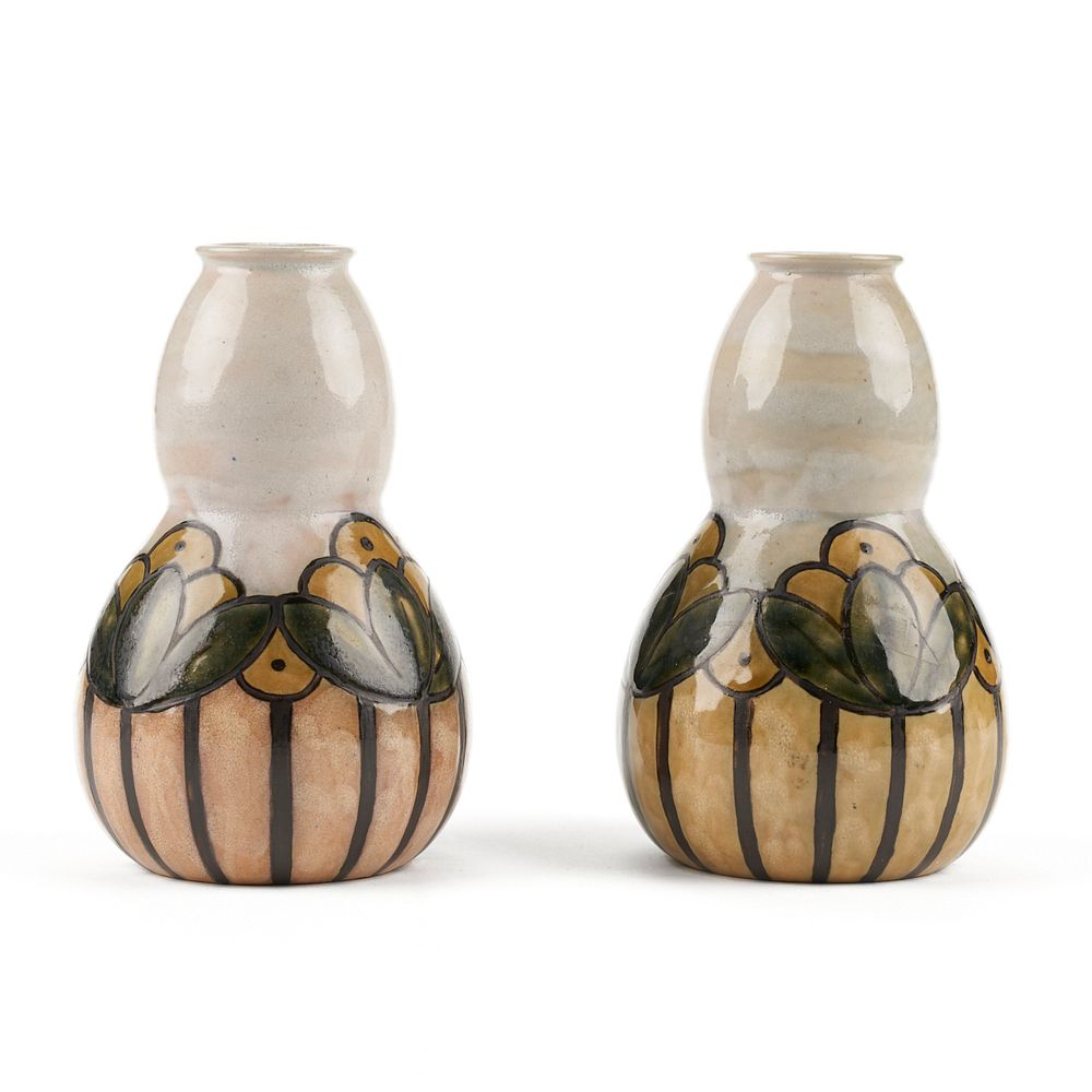 Pair of Royal Doulton Arts Crafts Newcomb Style Pottery Vases