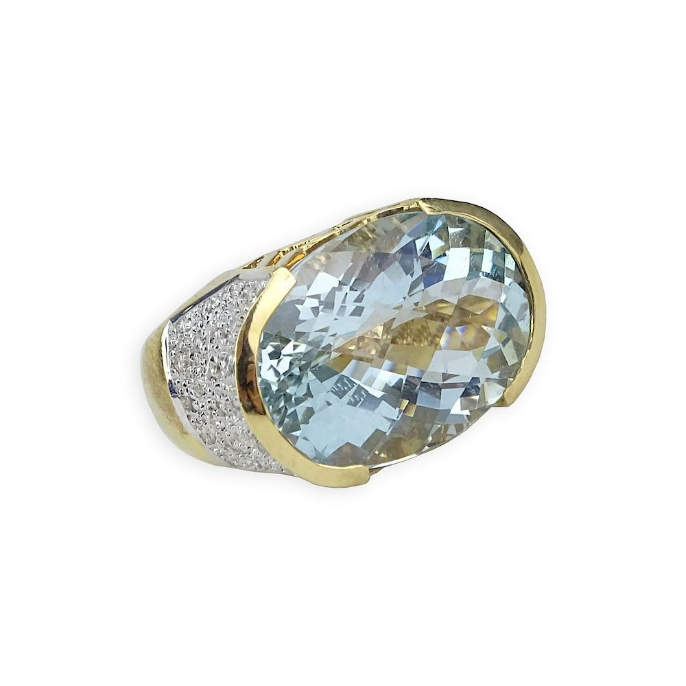 Aquamarine Diamond and 14K Gold Ring Oval Criss Cross Cut