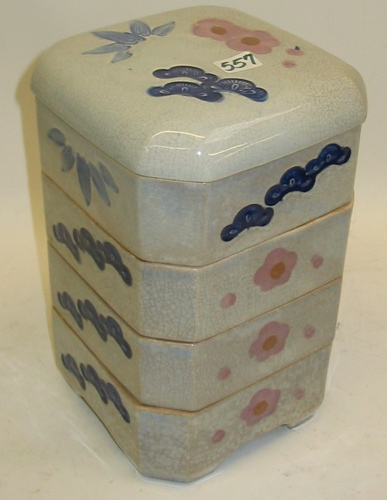 A FOUR PART CHINESE SWEETMEAT PORCELAIN JAR decorated in pink