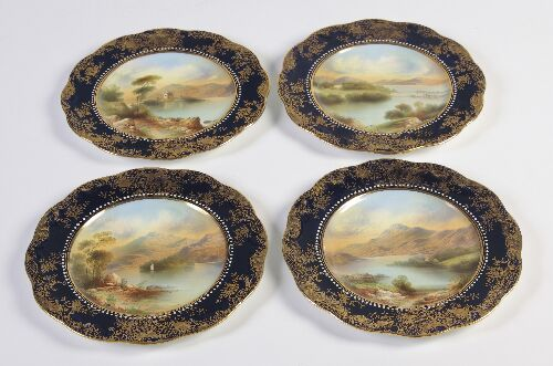 A set of four Aynsley porcelain plates each with dark