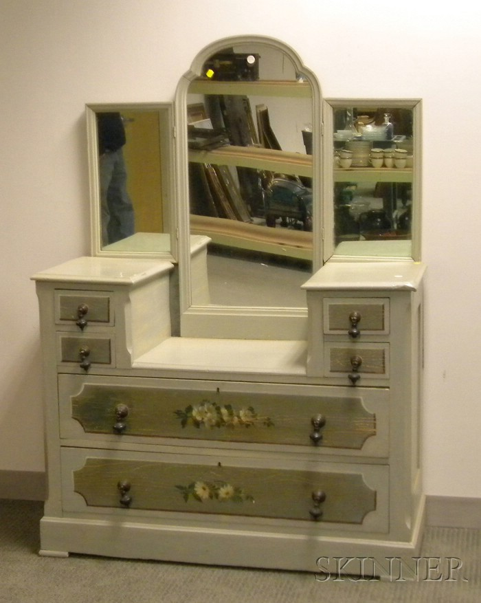 Victorian Polychrome Paint Decorated Pine Drop well Mirrored Dresser