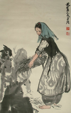 Oriental School mid late 20th century Girl feeding donkeys black