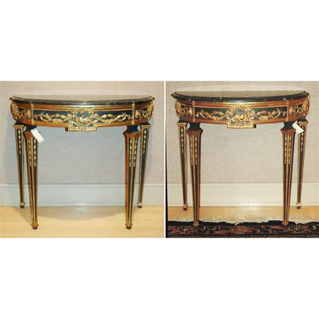 Pair of Neoclassical Style Marble Top Parcel Gilt and Painted