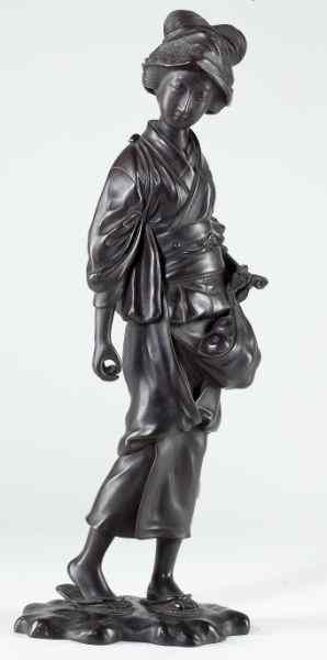 Japanese Bronze Fruit Gatherer Statuewell cast bronze figure of a