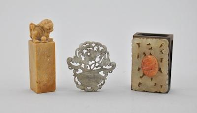 Three Carved Chinese Objects Lot includes and flat hardstone carved