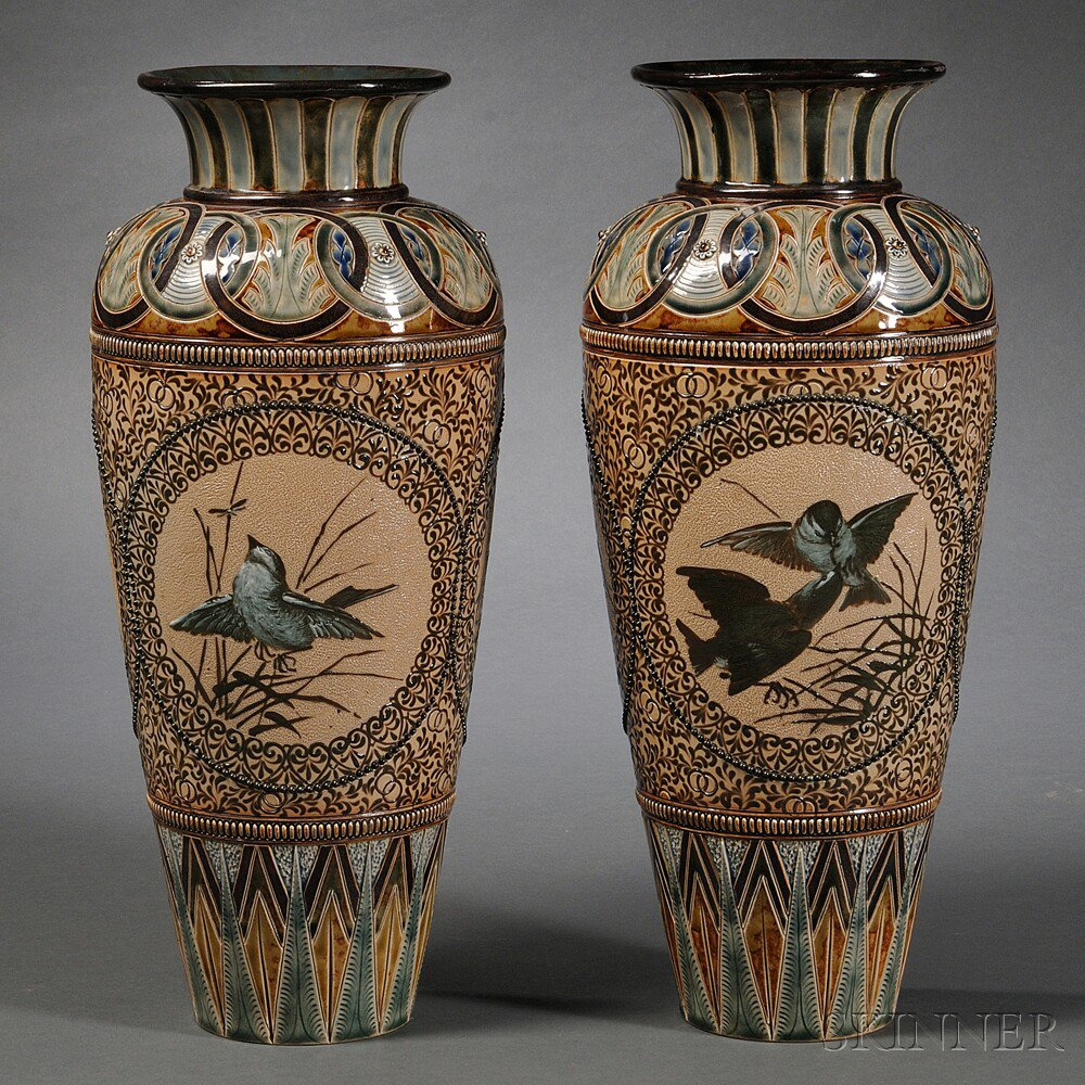 Pair of Doulton Lambeth Florence Barlow Decorated Stoneware Vases England