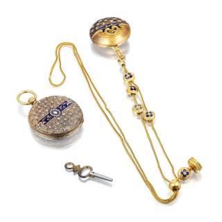 An Antique Gold and Enamel Pocket Watch Fob and Pin