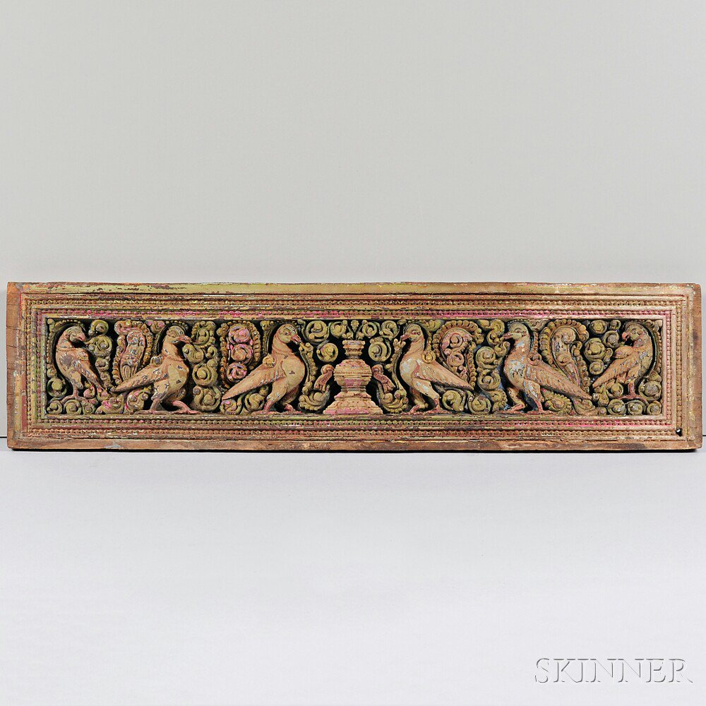 Polychrome Wooden Lintel Frieze India the rectangular panel carved in