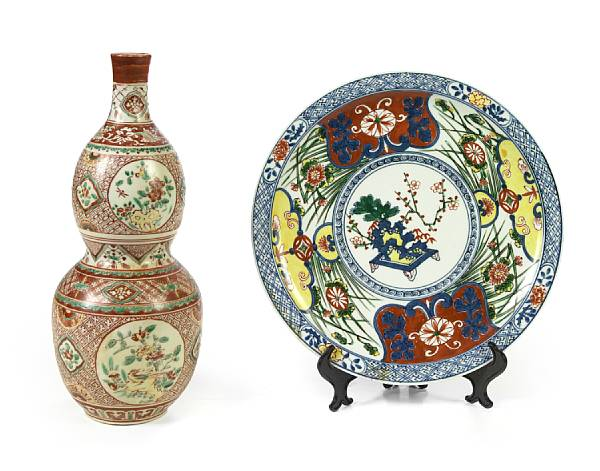 Two Japanese ceramics a polychrome enameled porcelain double gourd vase