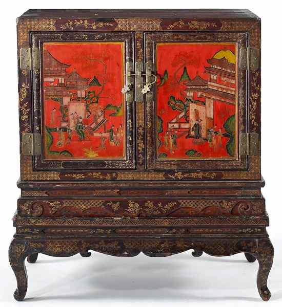 Chinese Lacquered Cabinet on Standlate 19th century rectangular form with