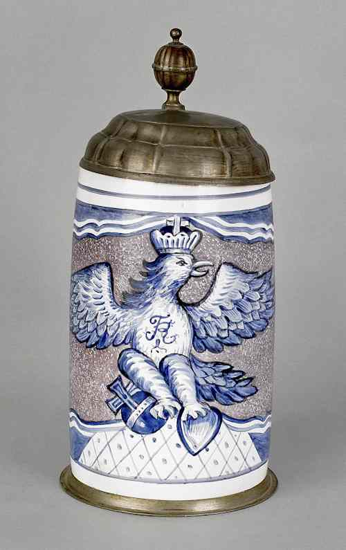 German faience tankard 19th c with pewter lid 12 h