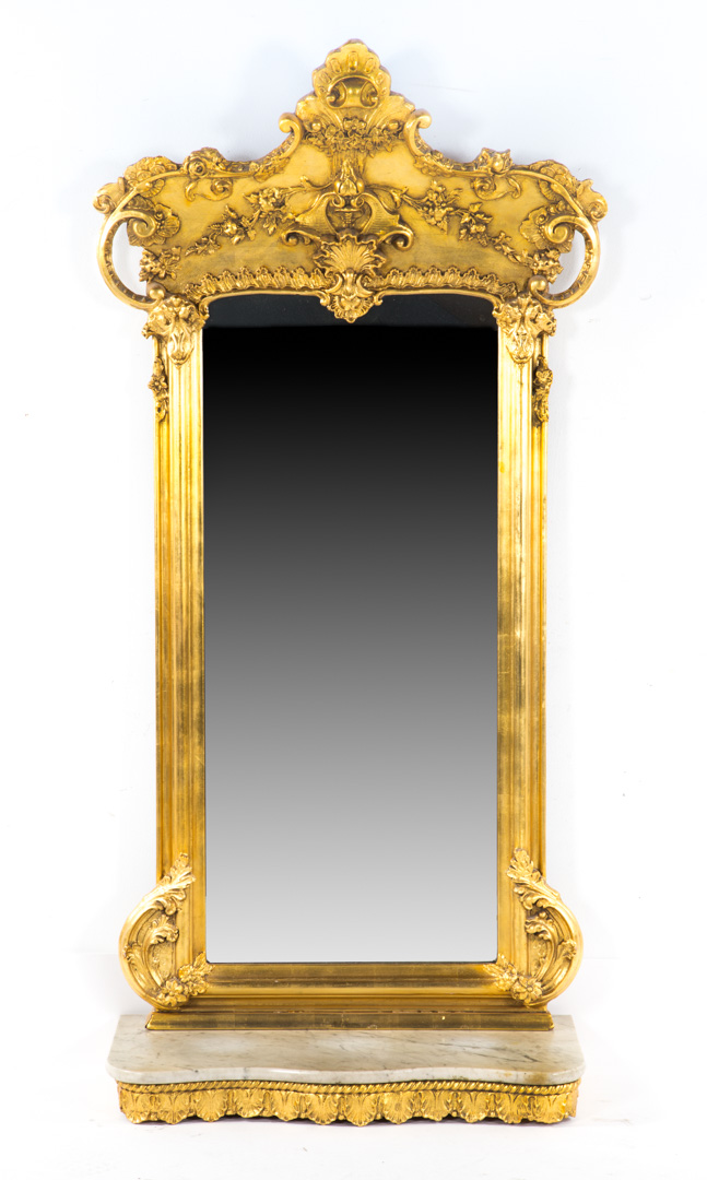 Rococo manner giltwood marble pier mirror late 19th century two