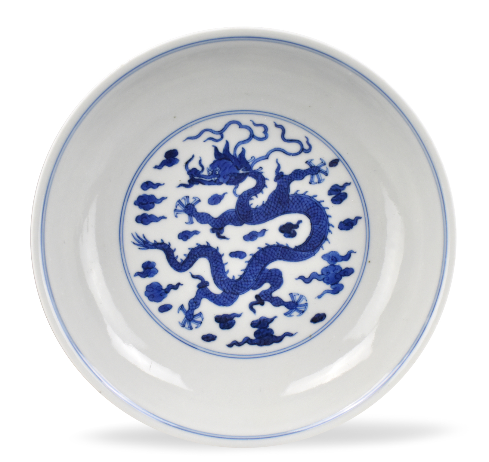 One blue dragon on bottom surrounded by two thin circles