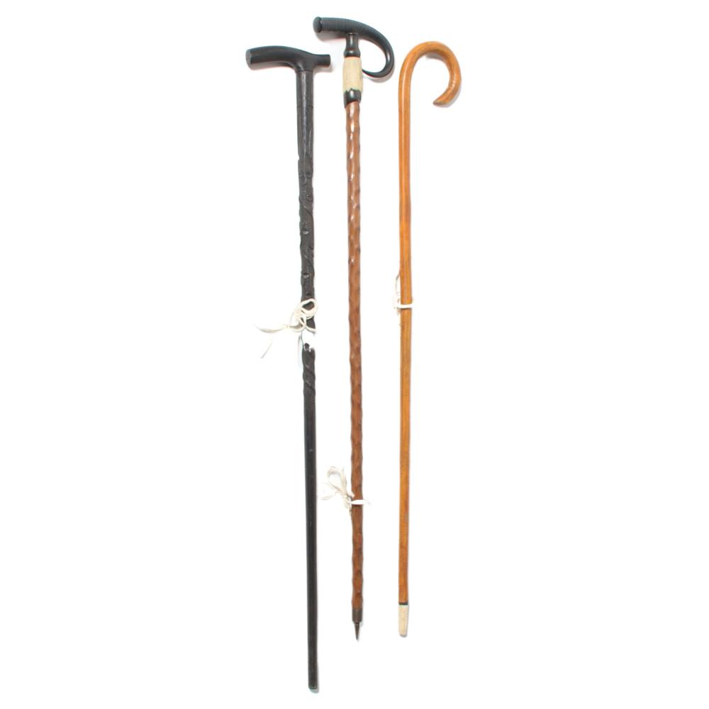 THREE AFRICAN CARVED CANES WITH EBONY BONE HIDE AND HORN