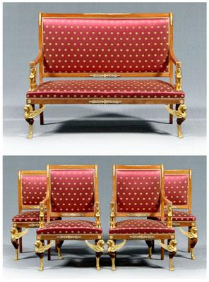 Fine French Empire salon suite comprising settee two armchairs and