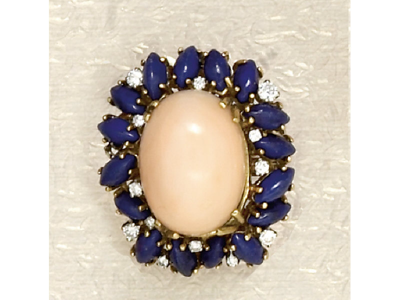 CORAL LAPIS AND DIAMOND RING 14 k yellow gold 16