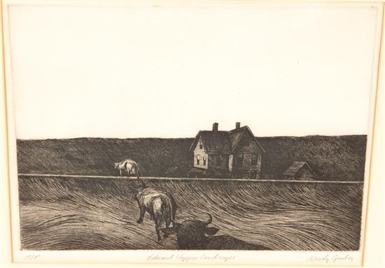 Woody Gruber American Edward Hopper Landscape etching signed Woody Gruber
