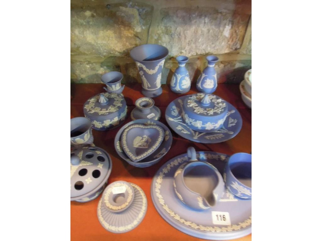 An interesting collection of Wedgwood blue and white Jasperware including
