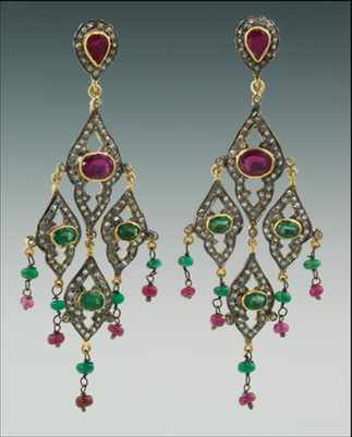 A Pair of Indian Diamond Ruby and Emerald Earrings Gold