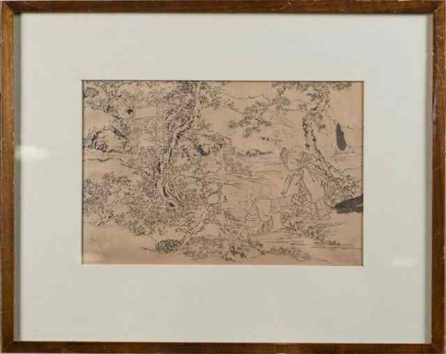 Japanese Ink on Paper Drawing Possibly HokusaiDepicting a scene with