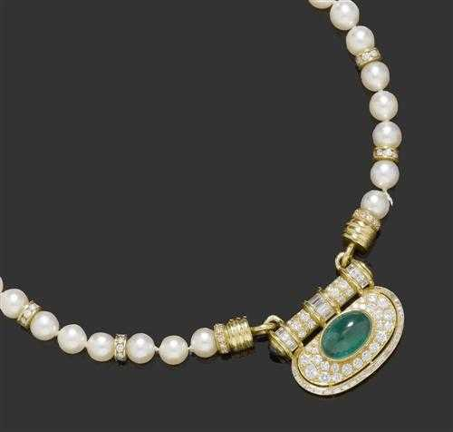 PEARL EMERALD SAPPHIRE AND DIAMOND NECKLACE Yellow gold 750 Elegant
